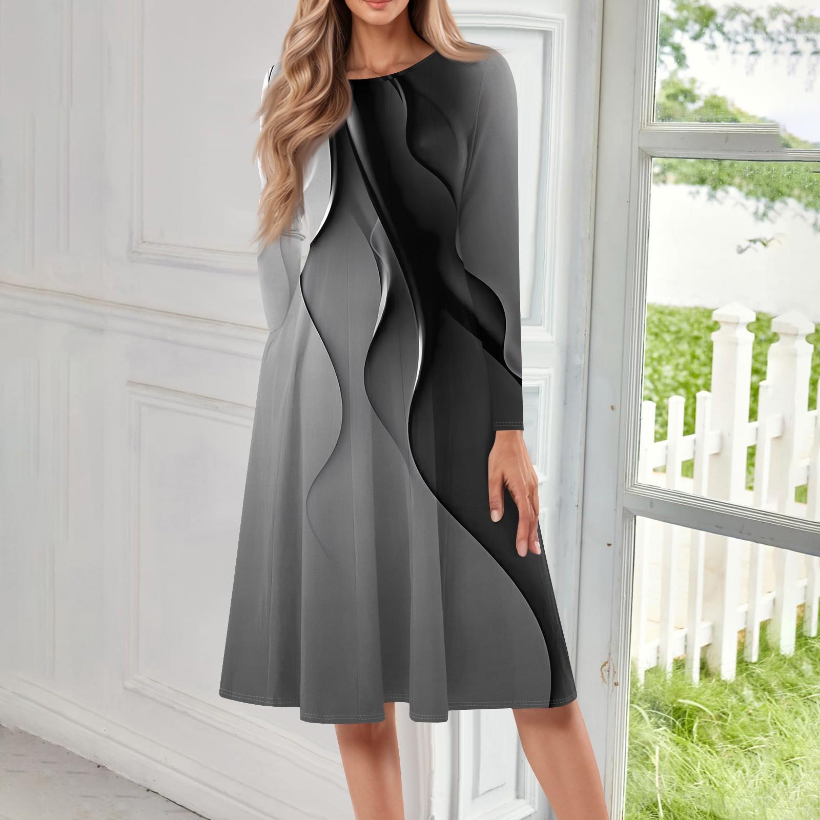 Женское повседневное модное платье миди с круглым вырезом и длинными рукавами XL золотой — фото 7