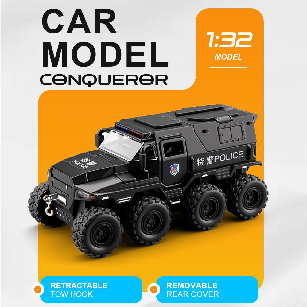 Linyi Toy Car Boys White/Black 1: 32 Conqueror Armored Vehicle Alloy Police Car Diecast Model Toys Doors Opened Rubber Tire Pull Back Miniature Models Gift