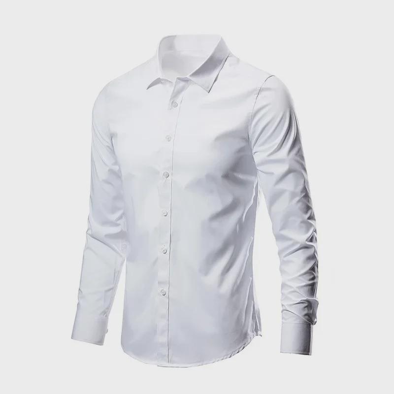 Erkek Uzun Kollu Slim Fit Profesyonel Beyaz İş Gömleği - Kore Tarzı Düğün Partisi Düz Renk