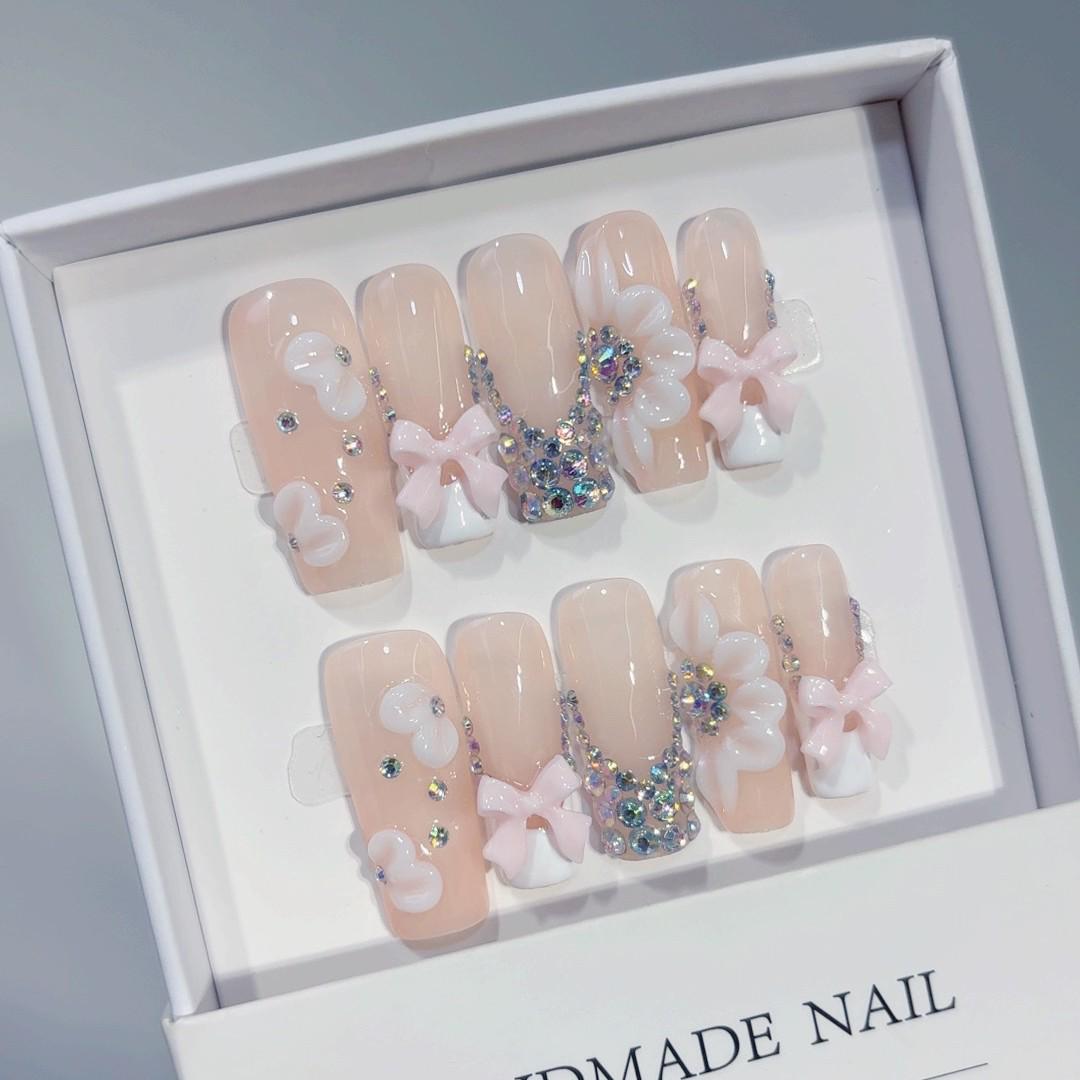 3D Carved Long Nail Art Stickers with Bow & Rhinestones: Sweet & Gentle Handmade Wearable Nails Medium