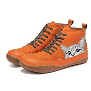 Printed cat series boots with printed cat, comfortable large size flat boots