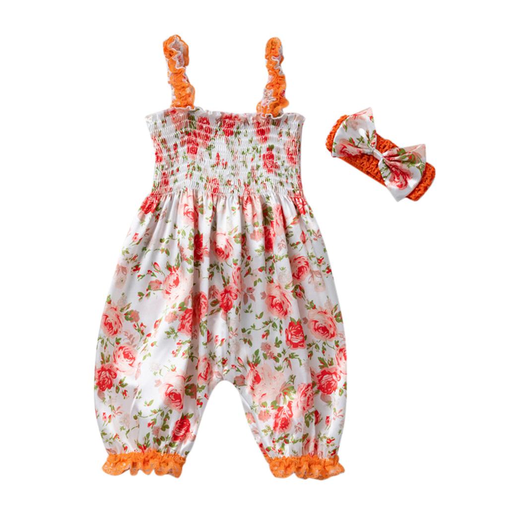 Newborn Infant Baby Girls Ruffle Floral  Romper Jumpsuit+Headband Sets