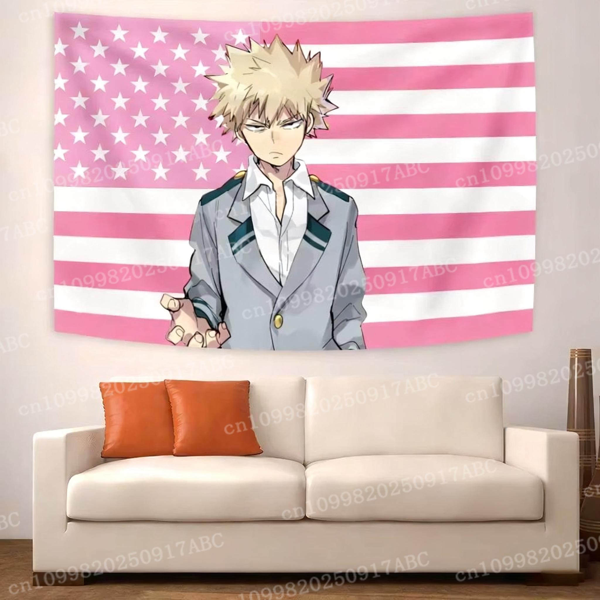 

Katsuki Bakugo Tapestry Pink US Flag Anime Wall Hanging Ideal for My Hero Academia Fans Otaku Bedroom Decor 74x94cm(29x37in)