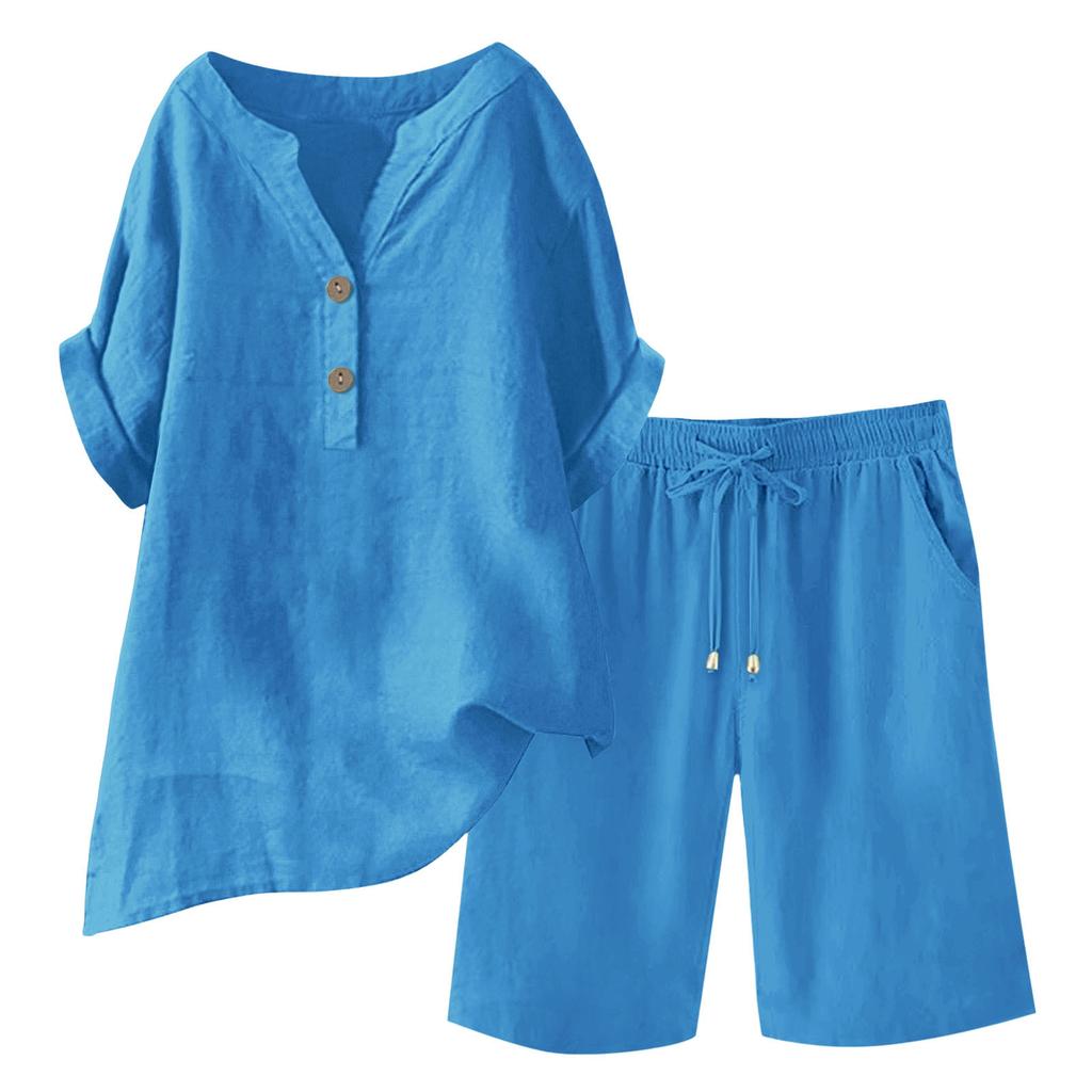 Cotton Linen 2 Piece Outfits for Women Short Sleeve V-Neck Top Wide Leg Shorts Set Summer Casual Loose Lounge Set