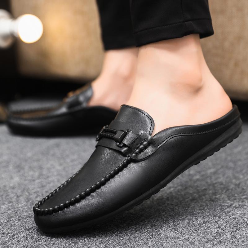 Leather Men Half Slippers Summer Breathable Mens Casual Shoes Slip On Lazy Driving Shoes Comfortable Walking Loafers Moccasins