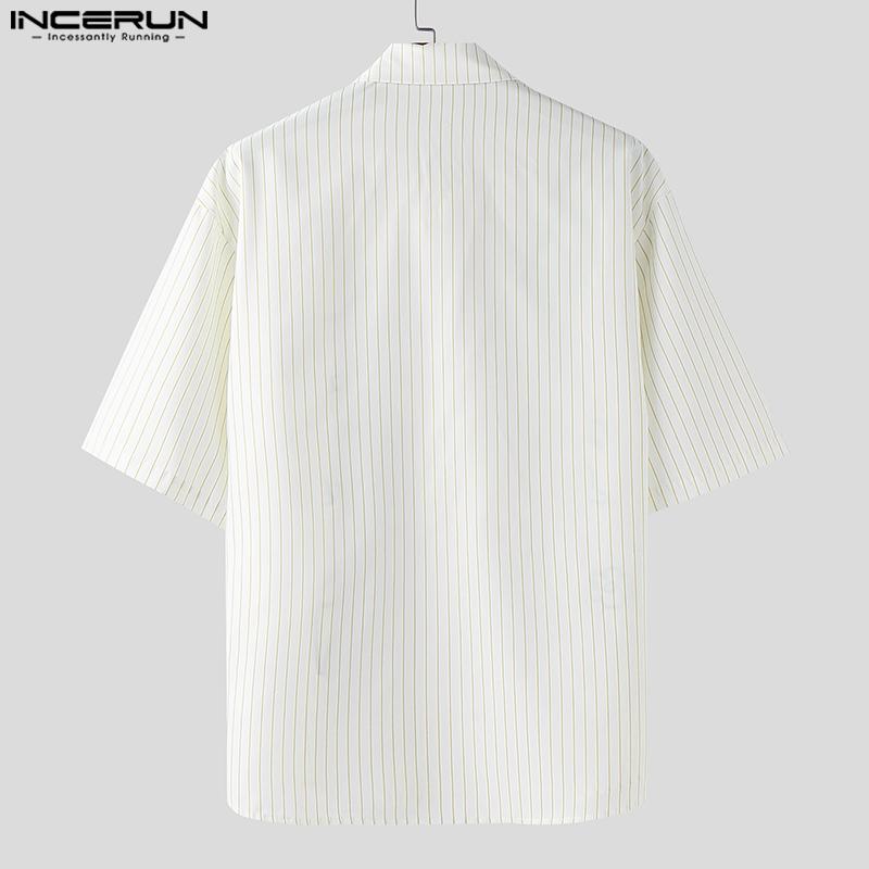 INCERUN Luźne Męskie Koszule Casual z Kołnierzykiem, Krótkim Rękawem i Paskami z Kreskówkowym Wzorem