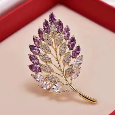 Elegancka Romantyczna Broszka Damska Fioletowy Liść Design Stop Kryształ Roślina Broszka Impreza Urodziny Biżuteria Dodatek