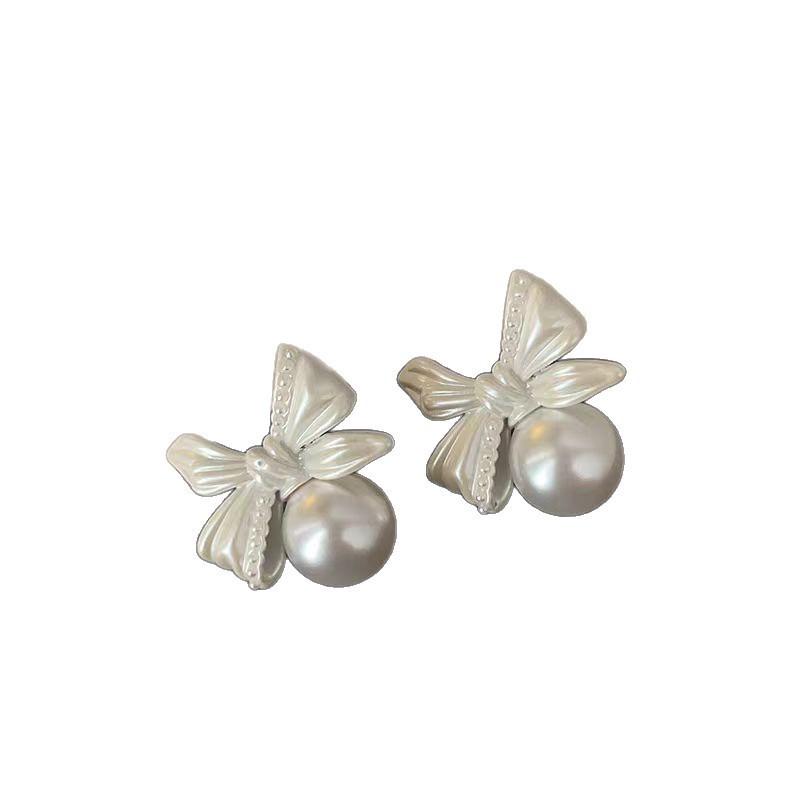 Sweet personality French retro dumb silver bow earrings women's exquisite versatile fashion elegant pearl stud earrings