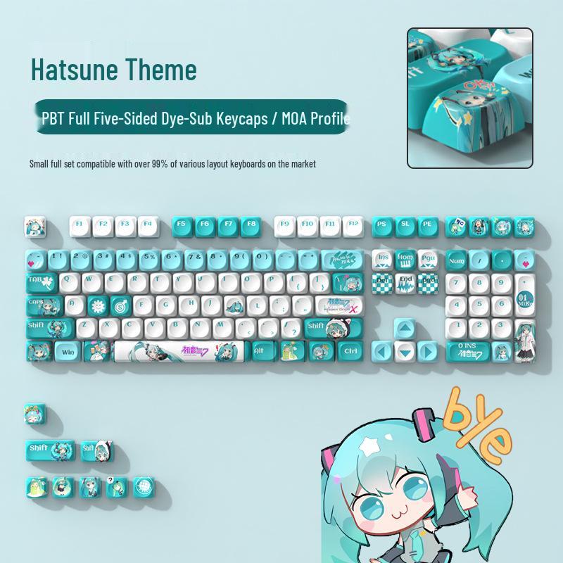 Hatsune Miku PBT Dye-Sub Keycaps - Green, Custom, Cute, Round. 38*16*3CM - Full Set