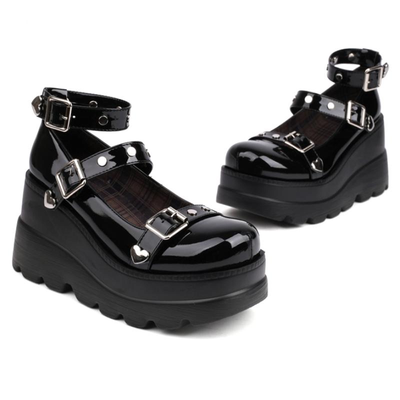 Czarne damskie buty na obcasie z koturnami, platforma, gruba podeszwa, koturny, obuwie imprezowe, buty gotyckie, damskie, wiosna 2025