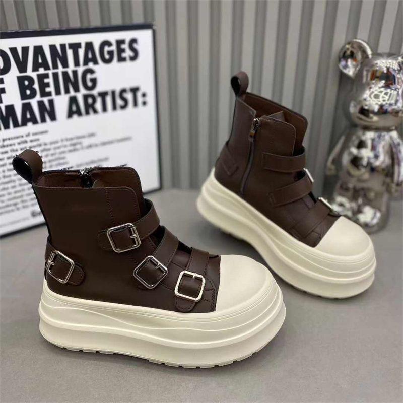 European-Style Genuine Leather Height-Increasing Women's Motorcycle Boots with Thick Sole and Buckle