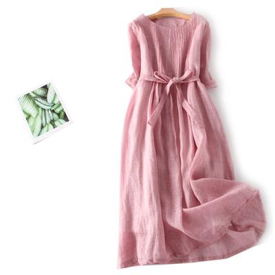 Summer New Retro Loose Seven Quarter Sleeve Round Neck Cotton and Linen Dress for Women