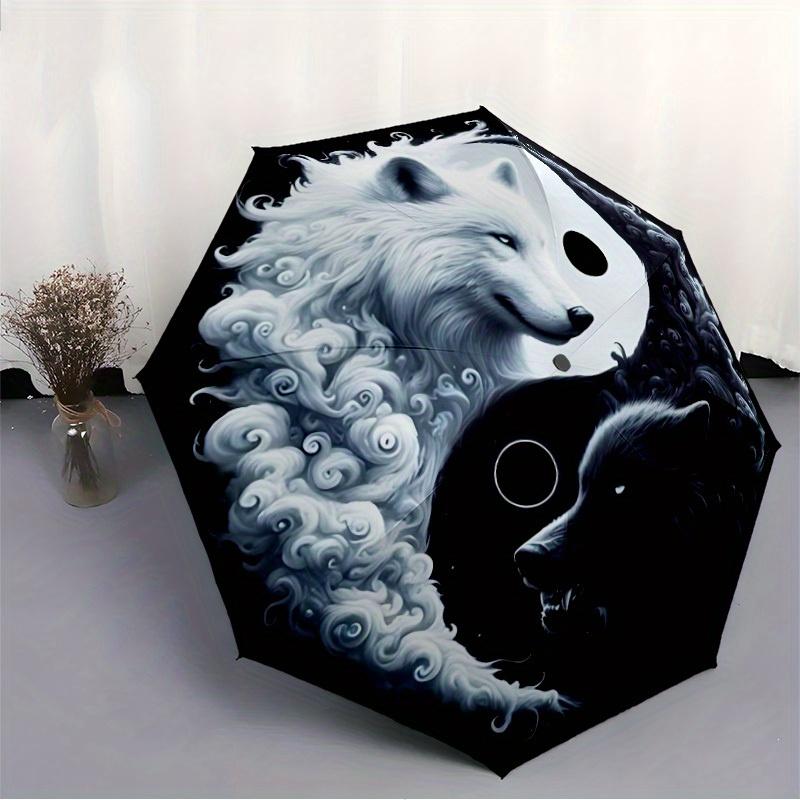 1pc Wolf YinYang Automatic Open/close, Heavy-Duty Iron Frame & 8-Rib Structure, Compact Folding Umbrella for Women/Men, All-Season Travel, Halloween a