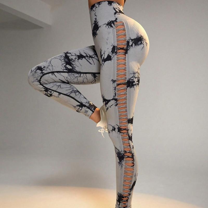Hollow Out Breathable Tight Fitting Sports Yoga Leggings Pants Women High Waist Hip Lifting Fitness Legging Pants Ladies Tie Dye Slim Yoga Pants 25606