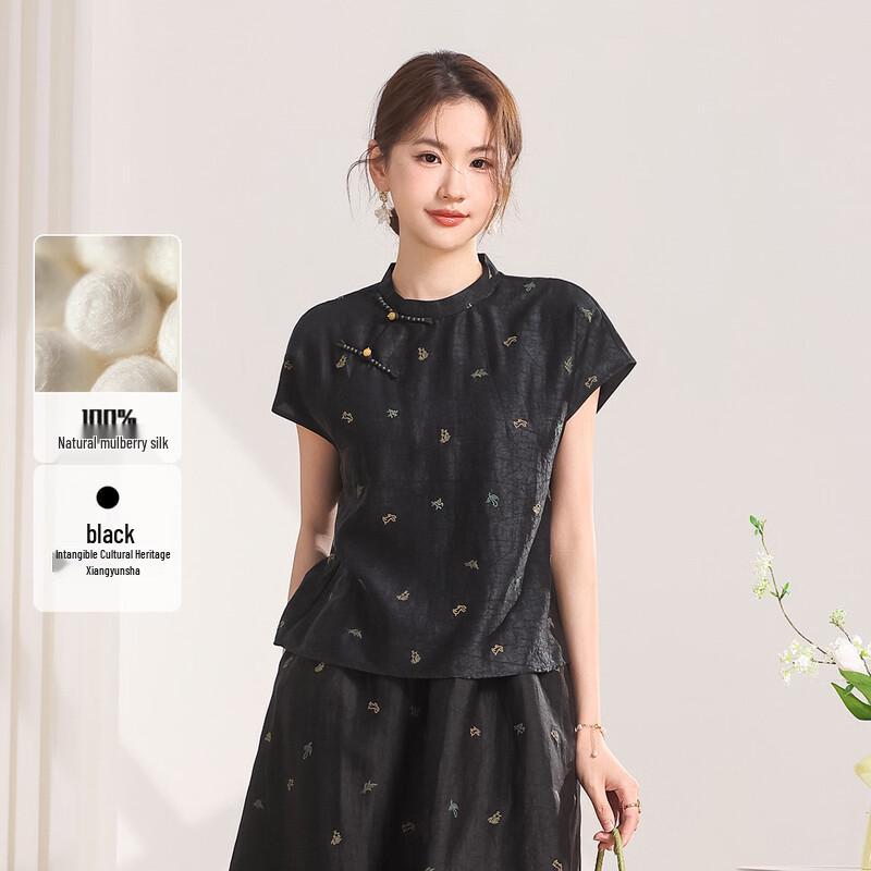 Qianbainian Women s Xiangyunsha Silk Stand Collar Top L