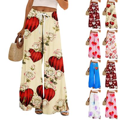 Calças Palazzo Boho de Verão para Mulheres Cintura Alta Perna Larga Estampadas Calças Casuais Com Bolsos