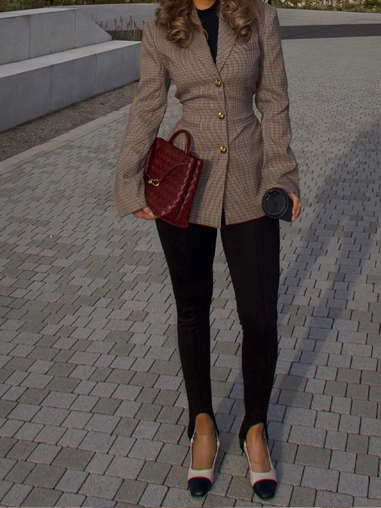 2024 Euro-American Plaid Waist-Cinching Slim-Fit Coat with Long Sleeves and Turn-Down Collar for Autumn/Winter Fashion