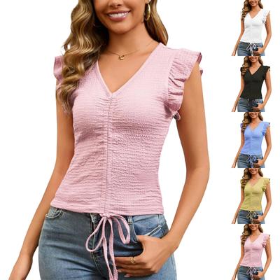 Women's Fashionable Casual  Leaf Sleeve V-Neck Blouse Drawstring Top