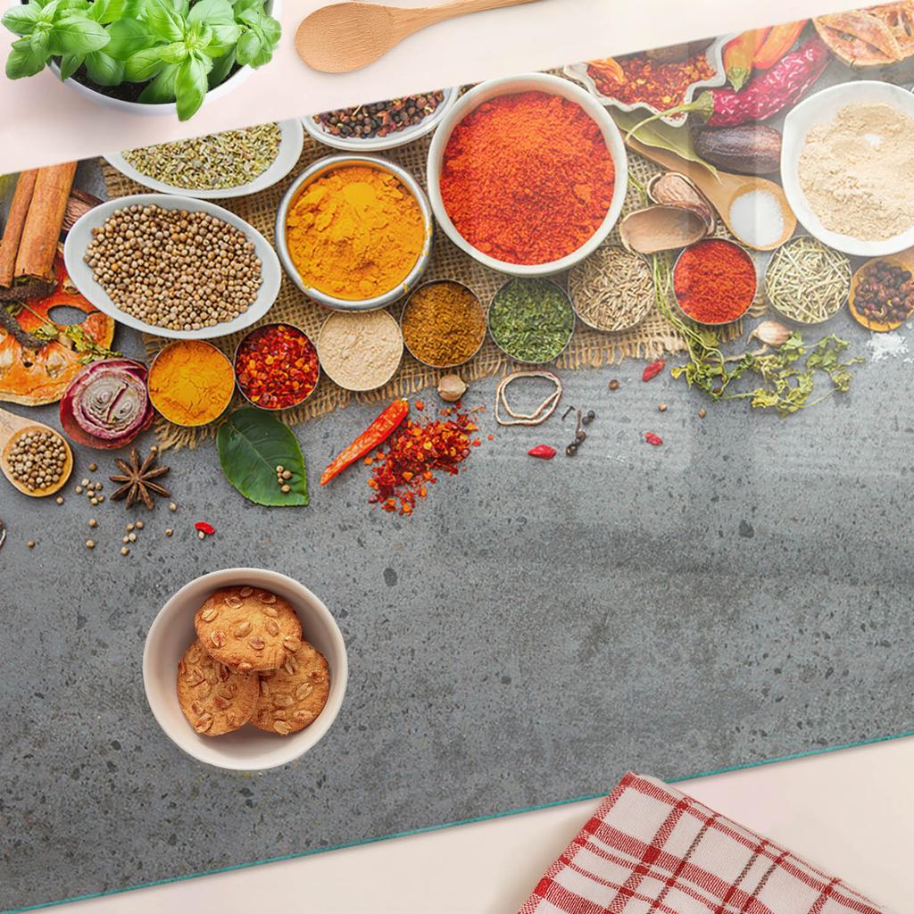 Glass Kitchen Serving Board with Graphic Spice Mix 80x52 cm