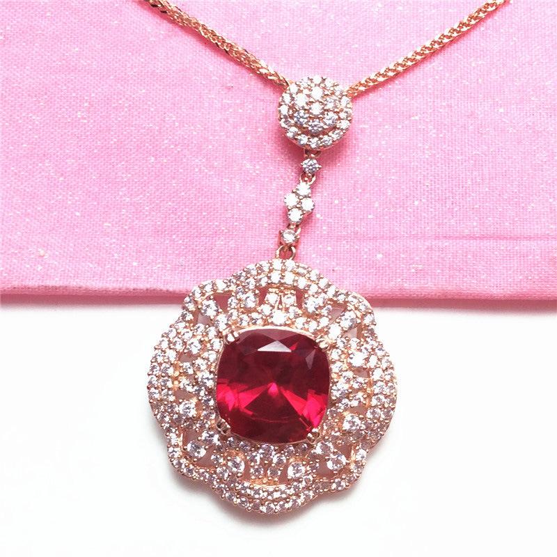 Exquisite Russian 585 Purple Gold Redstone Pendant Luxury Colored Gold Light Luxury Design Diamond-Plated Rose Gold Necklace