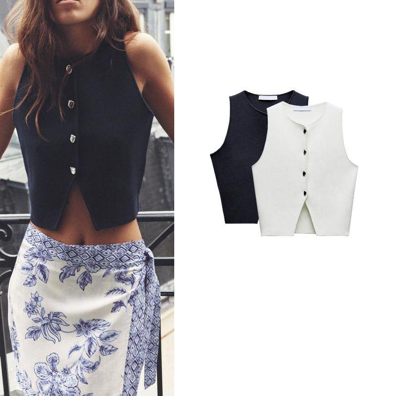 Spring New Minimalist Temperament Commute Fashion All-Match Round Neck Sleeveless Split Knitting Short Top 5536027