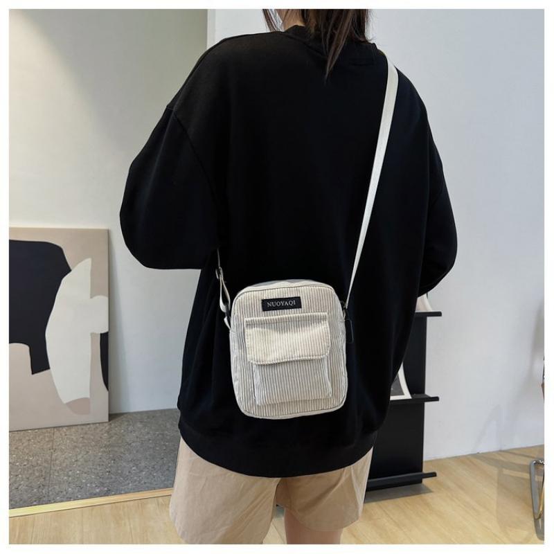 Women Corduroy Shoulder Bags Striped Cloth Fabric Handbags Casual Zip Tote Canvas Crossbody Bag Cute Shopping Bag for Ladies