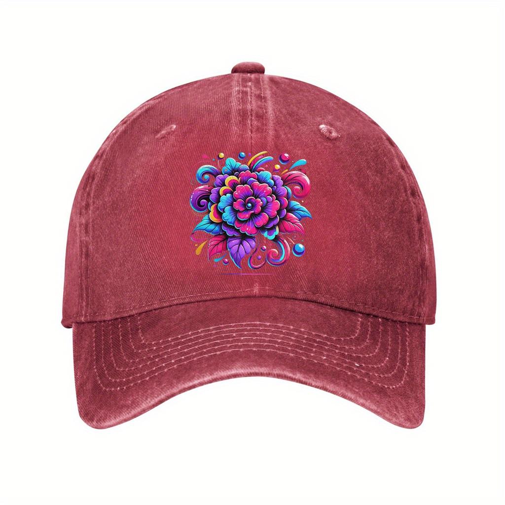 Vibrant Neon Flower Print Baseball Cap Adjustable Cotton Dad Hat Casual Unisex Summer Cap