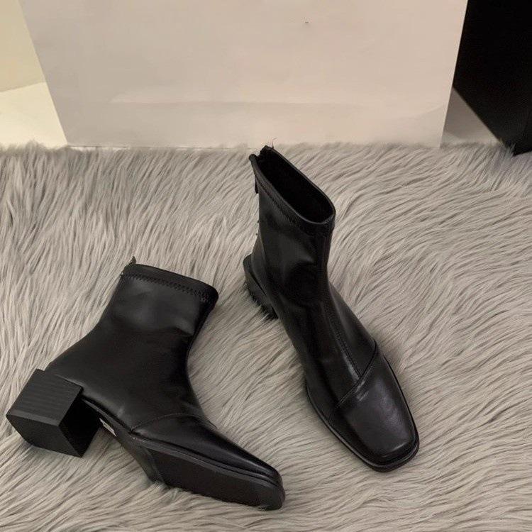 High Heel Square Head Skinny Boots Small Short Boots 2025 French Small Ankle Boots Brown Martin Boots