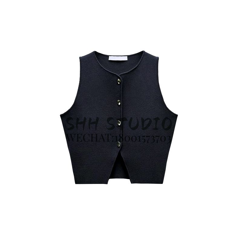 Spring New Minimalist Temperament Commute Fashion All-Match Round Neck Sleeveless Split Knitting Short Top 5536027