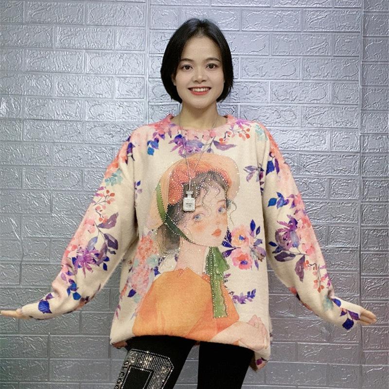 

Трендовый свитер большого размера с отделкой горячими стразами в стиле норки для женщин - 2025 Европейский и американский уличный стиль One Size