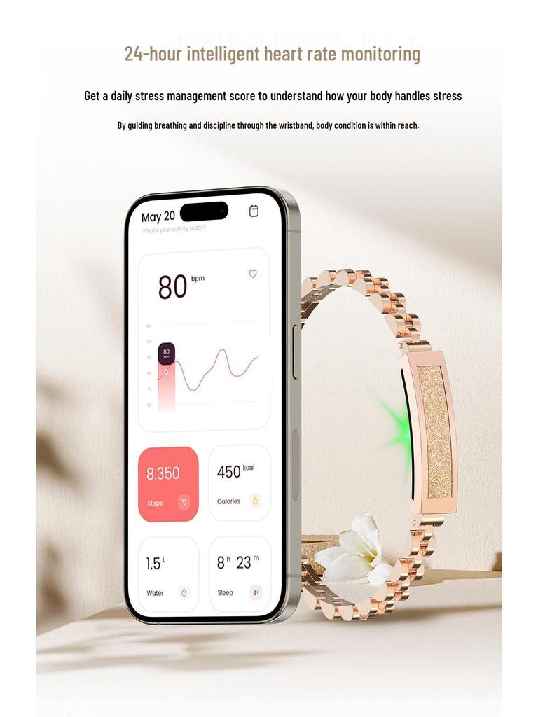 Women's S2 Smart Bracelet: Sleep Monitoring, Heart Rate & Blood Oxygen Tracking, Gesture Control for Photos, Versatile High-End Design.