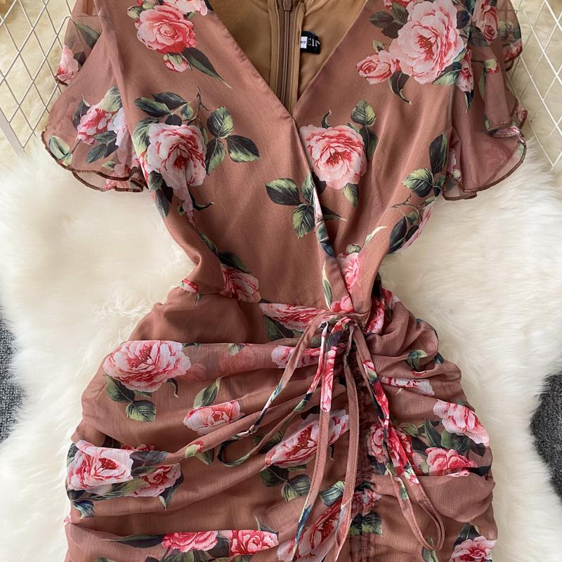 Chic Drawstring Bodycon Short Sleeve Vneck Dress Wrap Dresse Fashion Vestidos Women Vintage Spring and Autumn Trumpet Dress