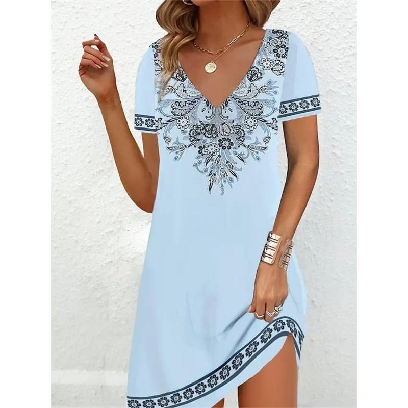Mode Übergröße Kleid Lässig Locker V-Ausschnitt Damen Sommer Print Party Damen Neu Sommer Pullover Kurzarm Kleid