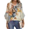 Women's Fashion Casual Seven-minute Sleeve Vintage Floral Print Top V-neck T-shirt Flared Sleeve Shirt