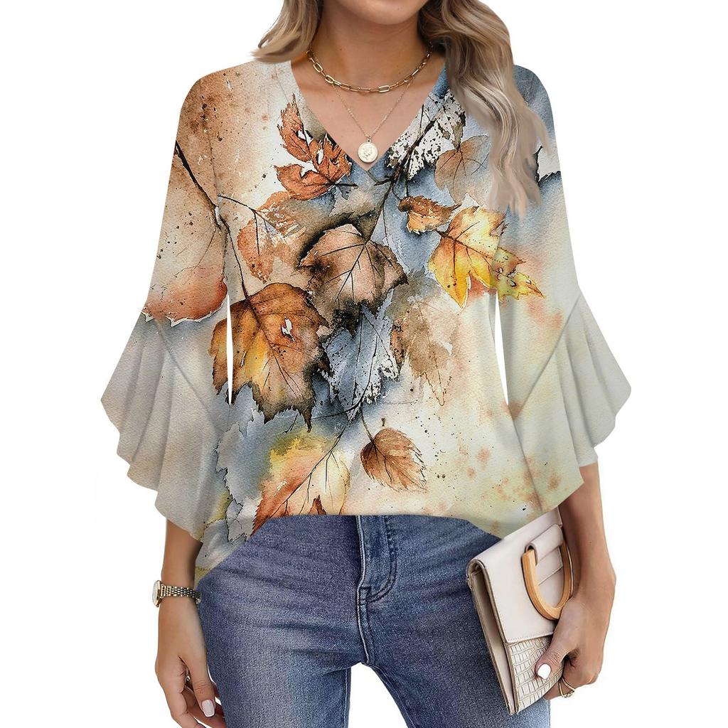 Women's Fashion Casual Seven-minute Sleeve Vintage Floral Print Top V-neck T-shirt Flared Sleeve Shirt