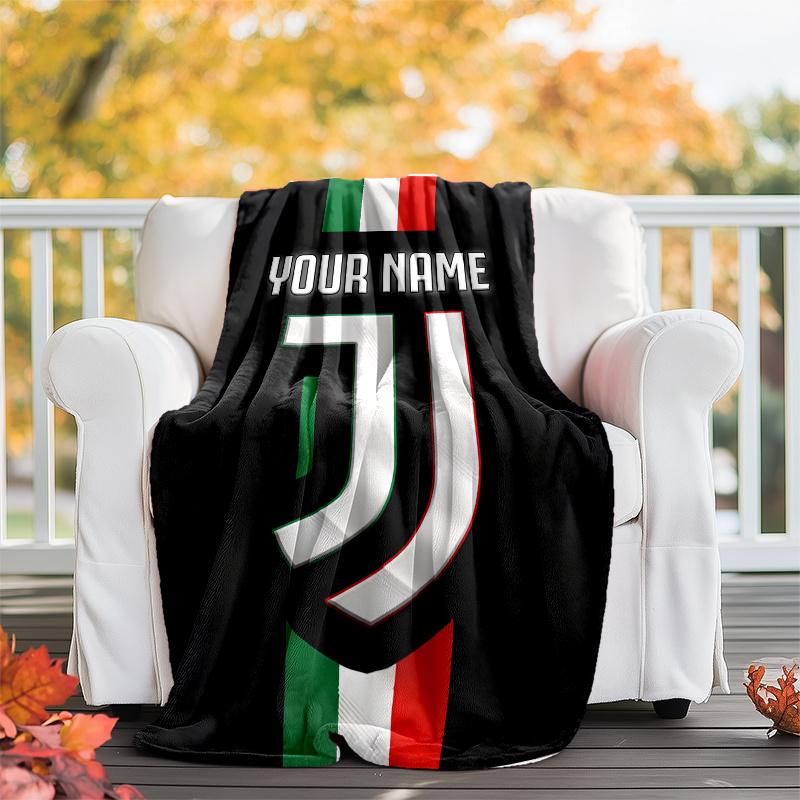 1pc Personalized Name Juventus Theme Blanket - Digital Print, Polyester, Cozy for All Seasons, Perfect for Outdoor, and Travel