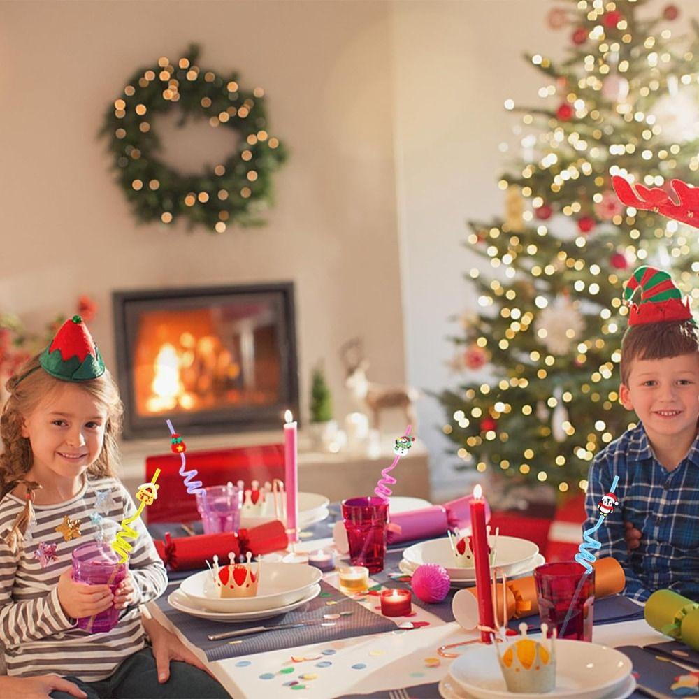 Spiral Christmas Plastic Straw Food Grade Christmas Party Decor Christmas Cartoon Straw  Children