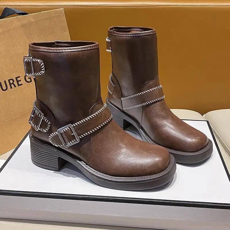 High Quality Fashion Women's Boots Trend Silver Buckle Decoration Knight Boots Women Round Head Western Cowboy Boots Botas Mujer
