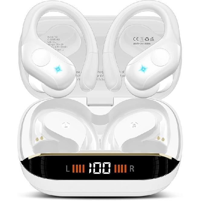 Wireless Earbuds Bluetooth 5.4 Headphones Sports, 75H Stereo Deep Bass Over Ear Buds with Earhooks, Bluetooth Earbuds with 4 ENC Mic, LED Display,