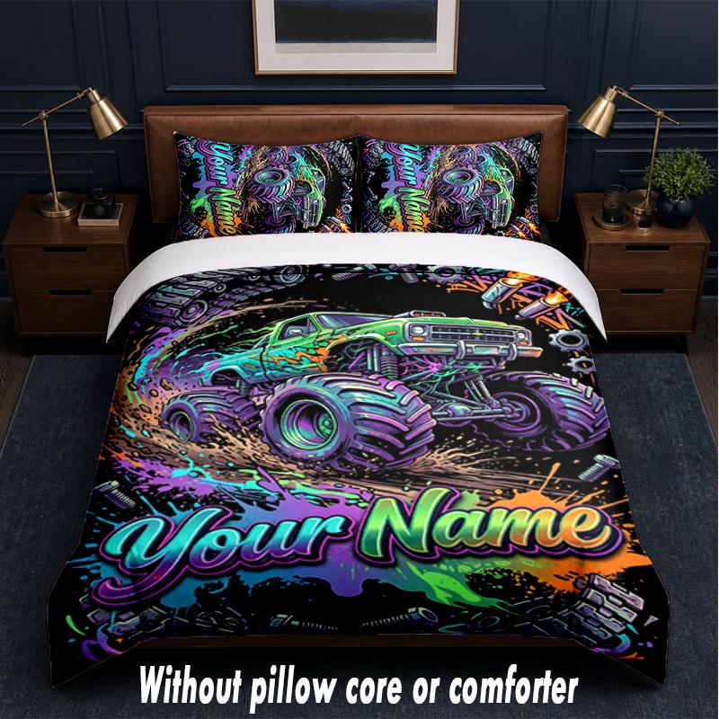 Monster Truck Theme Custom Text Or Name 3Pcs Bedding Set,1 Flat Sheet & 2 Pillowcases Personalized Home Bedding