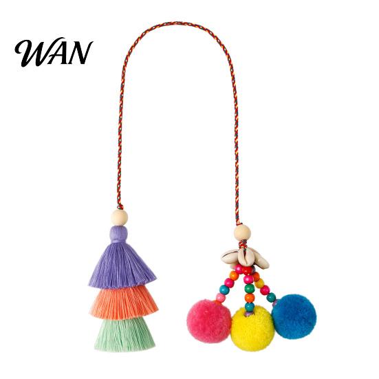 Fur Ball Bag Charm Tassel Pendant Retro Ethnic Style Straw Canvas Tote Decor Colorful Keychain Handbag Accessory Summer Beach