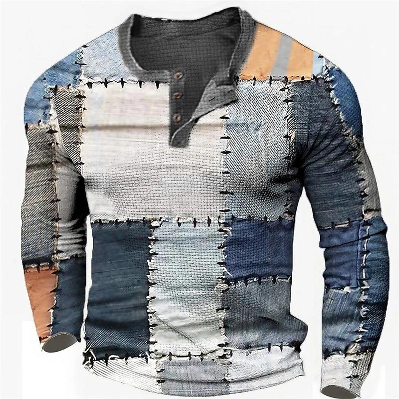 

Patchwork Denim Vintage T-Shirt For Men Patchwork Grid Graphic T Shirts 3D Printing Long Sleeve Tee Oversized Man Clothing 5XL армія зелений колір