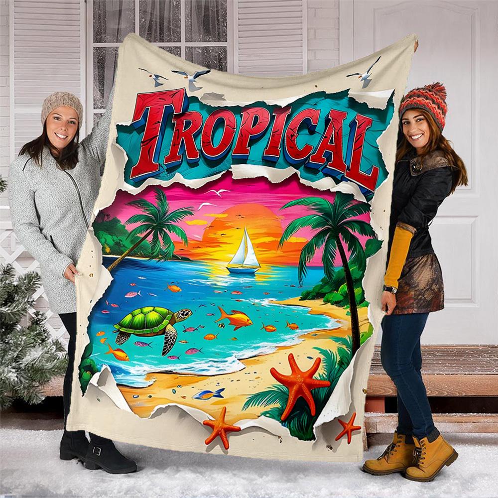 1pc Tropical Paradise Outdoor Flannel Blanket Soft All Season Polyester Throw , Perfect for Picnics & Travel , Picnic Accessory