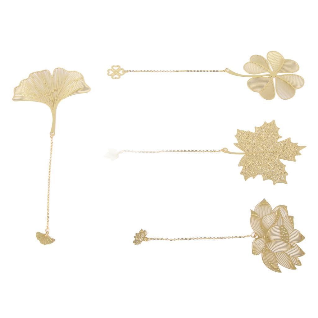 4pcs Metal Bookmarks with Chain Four Patterns Hollow Thin Golden Brass Metal Bookmarks