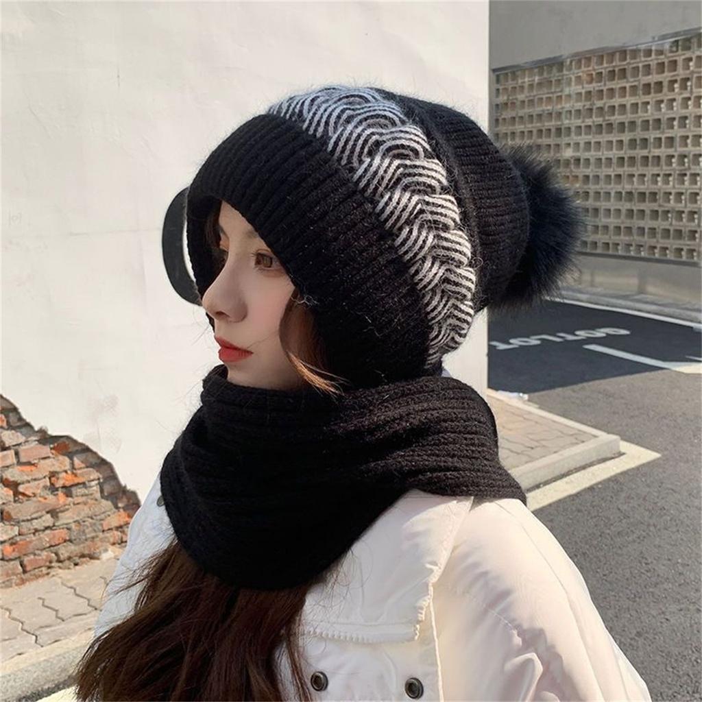 Women's Autumn and Winter All-match Korean Style Cute Knitted Hat Cold-proof Ear Protection Neck Protection Thick Wool Hat Scarf