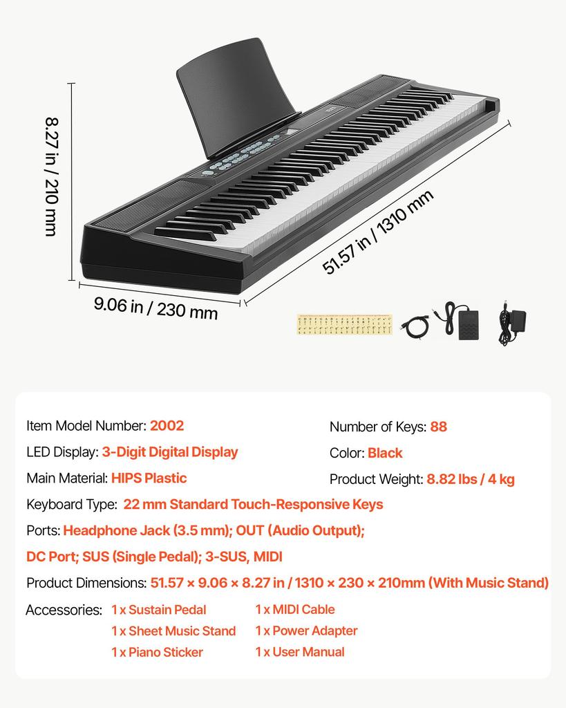 VEVOR Digital Piano 88 Keys Semi Weighted Electric Keyboard Portable Black, for Beginners, 128 Tones, 128 Rhythms, Full-Size Electronic Piano