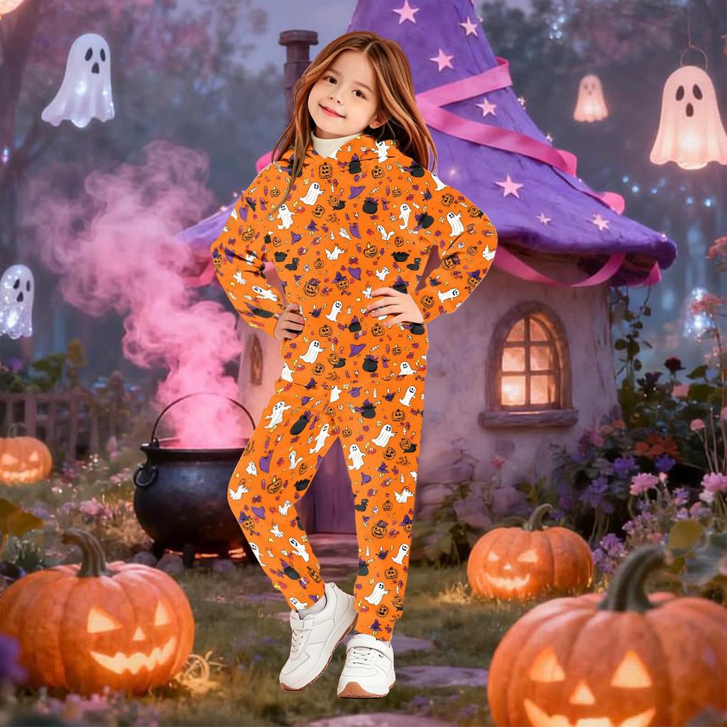Kids' Hooded Sweatshirt Set with Halloween Print Pullover Top and Matching Pants for Boys Girls