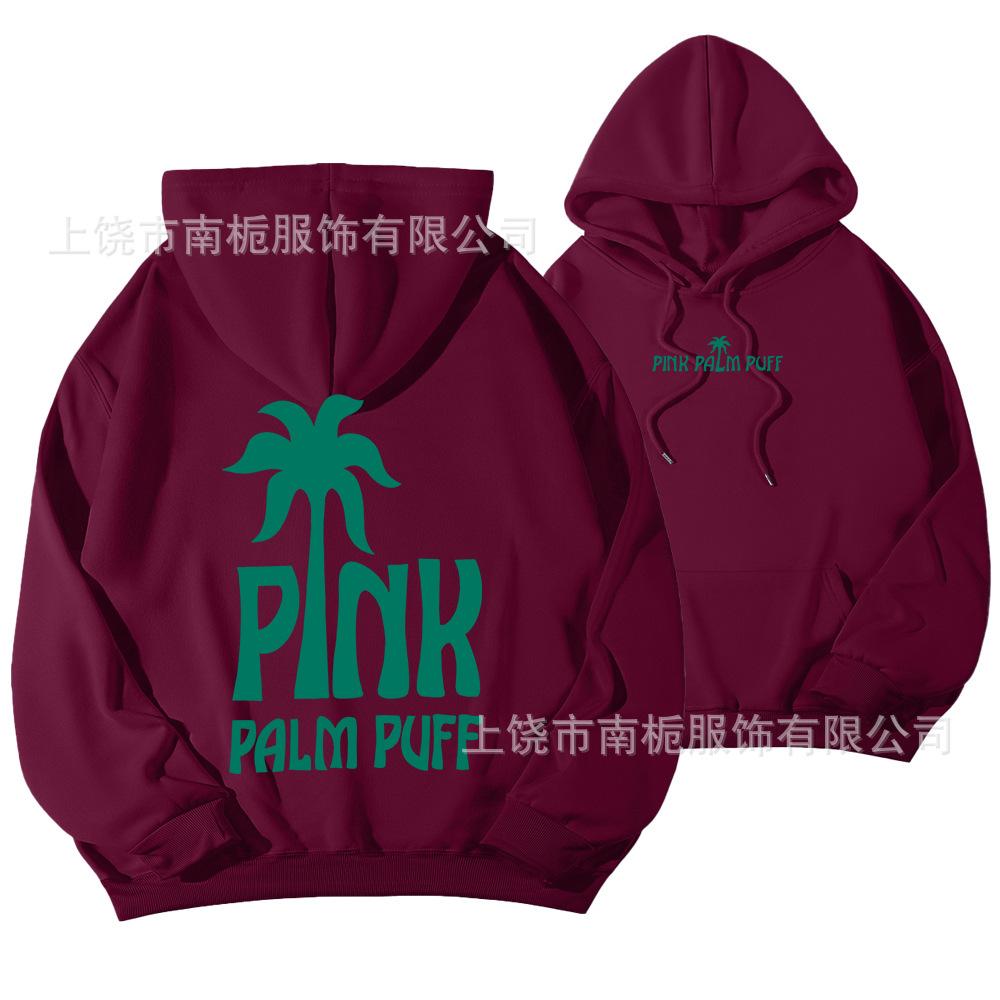 Women's Hooded Long Sleeve Drop Shoulder Pullover Sweatshirt Palm Tree "PINK PALM PUFF" Back Letter Print Casual Hoodie