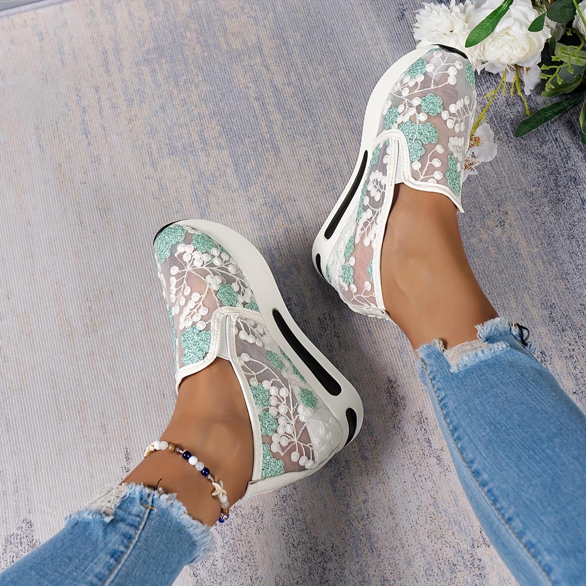 Модные женские кроссовки из кружевной сетки - дышащие нескользящие туфли на платформе с одной педалью женские кроссовки с цветочным узором 36 зелёный 1849₽