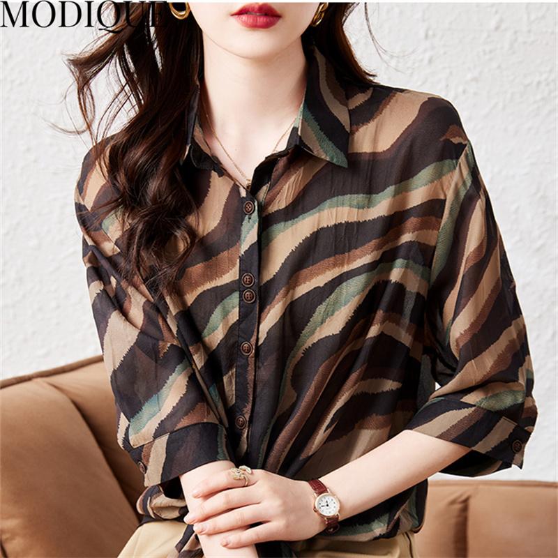 MODIQUE Estate Taglie Forti Donna Cotone Lino Cucito Camicette Camicie Stampa Taglio Ondulato Estate Cappotti Oversize Bottoni POLO